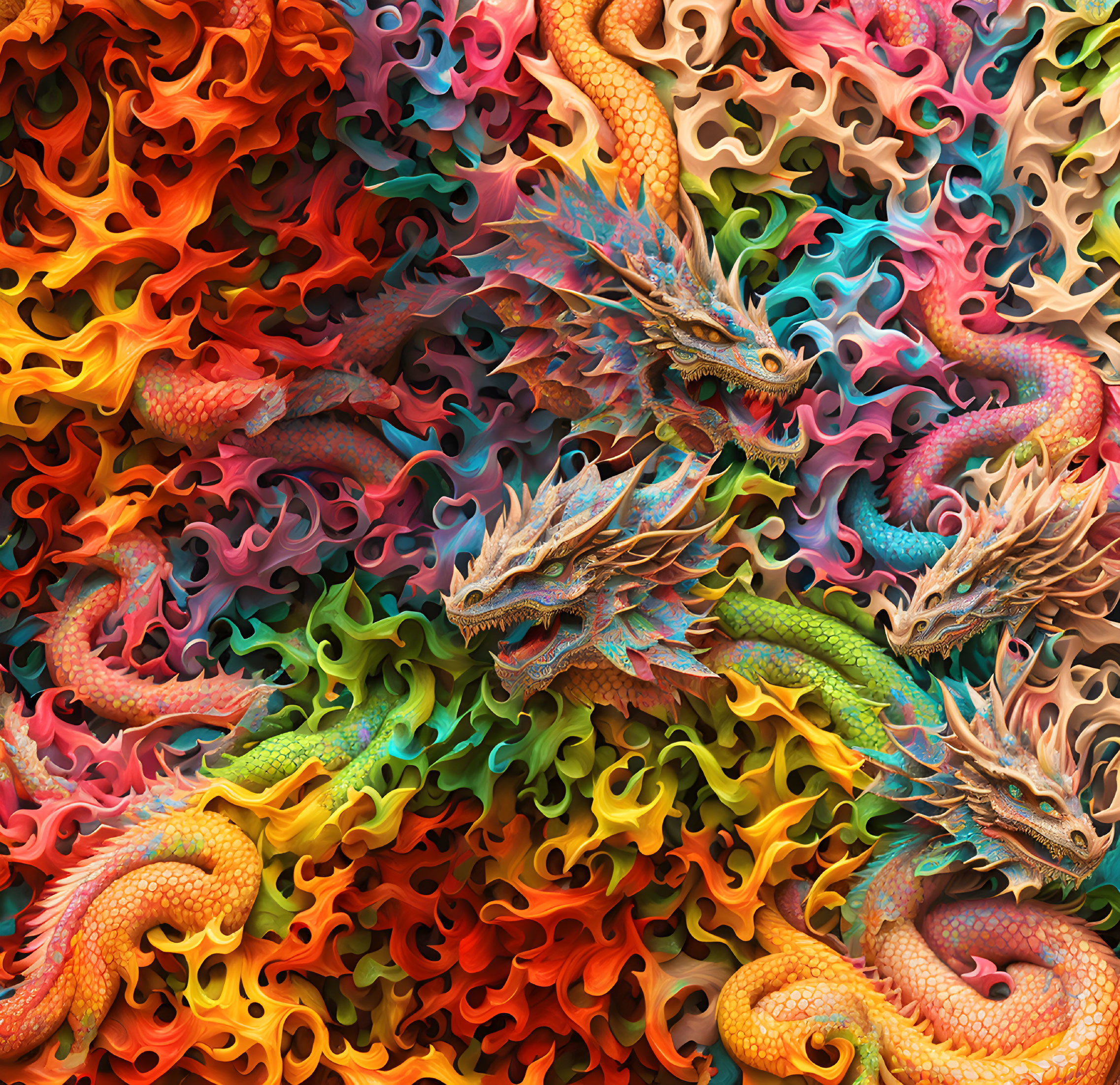 Colorful Dragons Entwined in Fiery Fractal Background