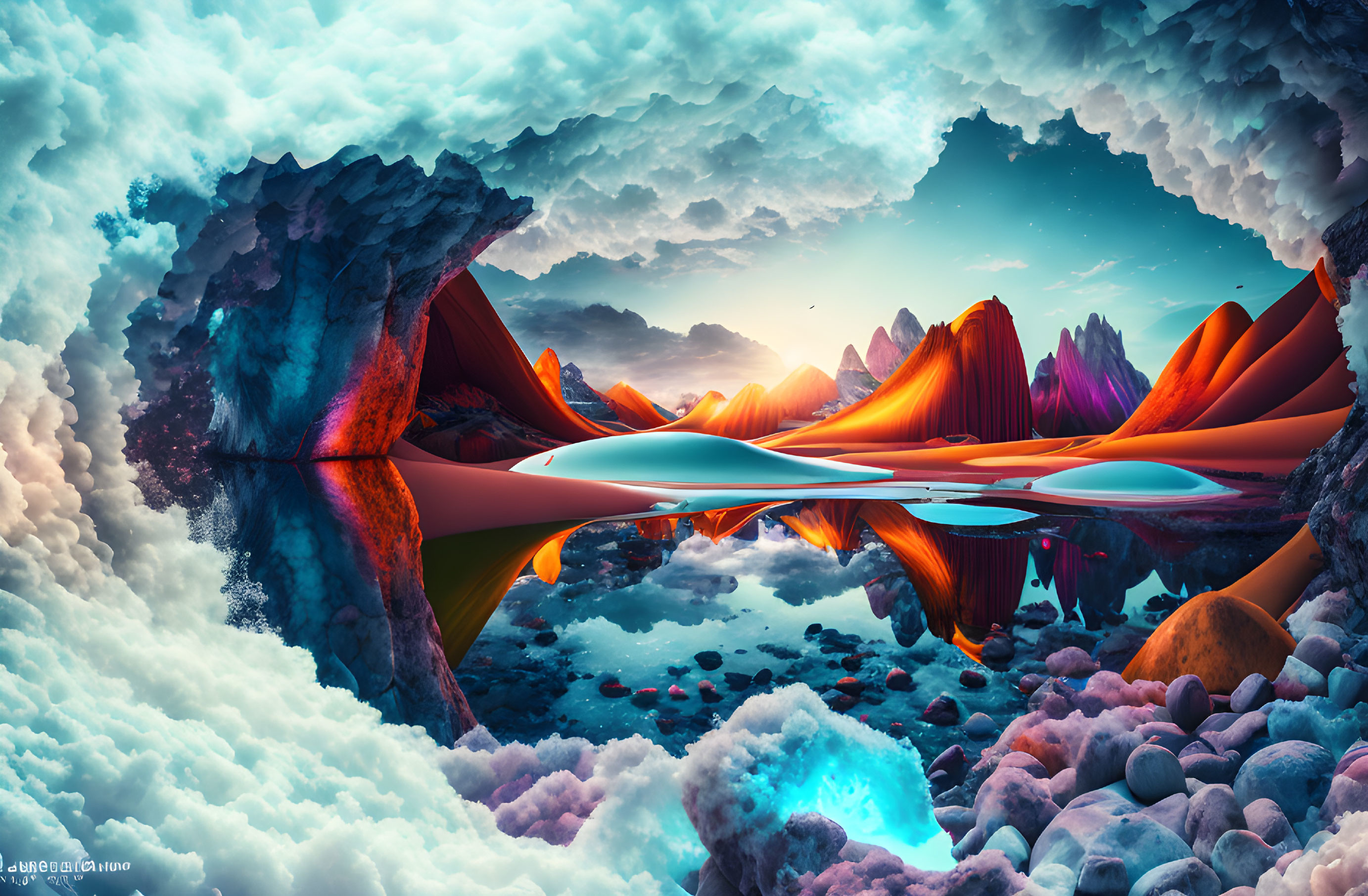 Surreal landscape with orange peaks and reflective waters