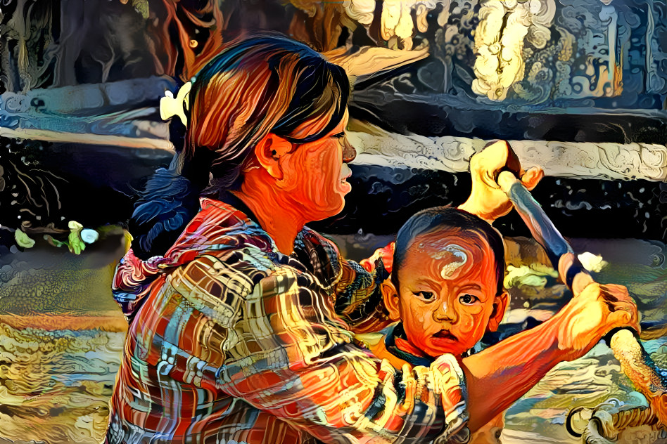 Burmese woman and son