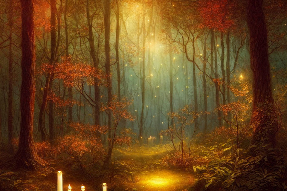 Enchanted forest scene with warm amber tones and glowing lights