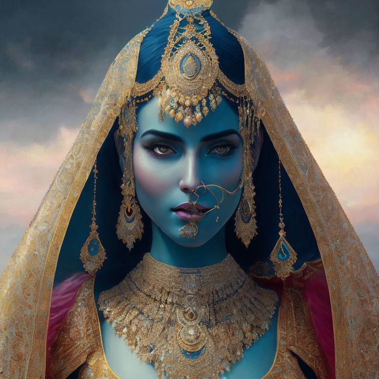 Blue-skinned woman in traditional gold jewelry and headpiece under stormy sky