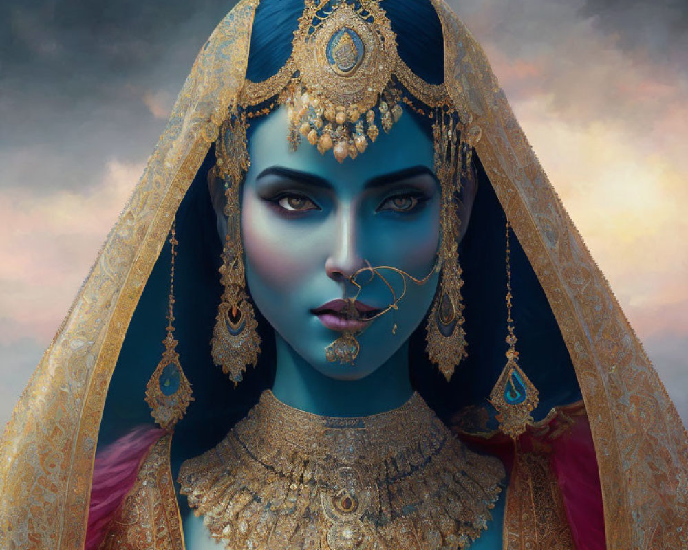 Blue-skinned woman in traditional gold jewelry and headpiece under stormy sky