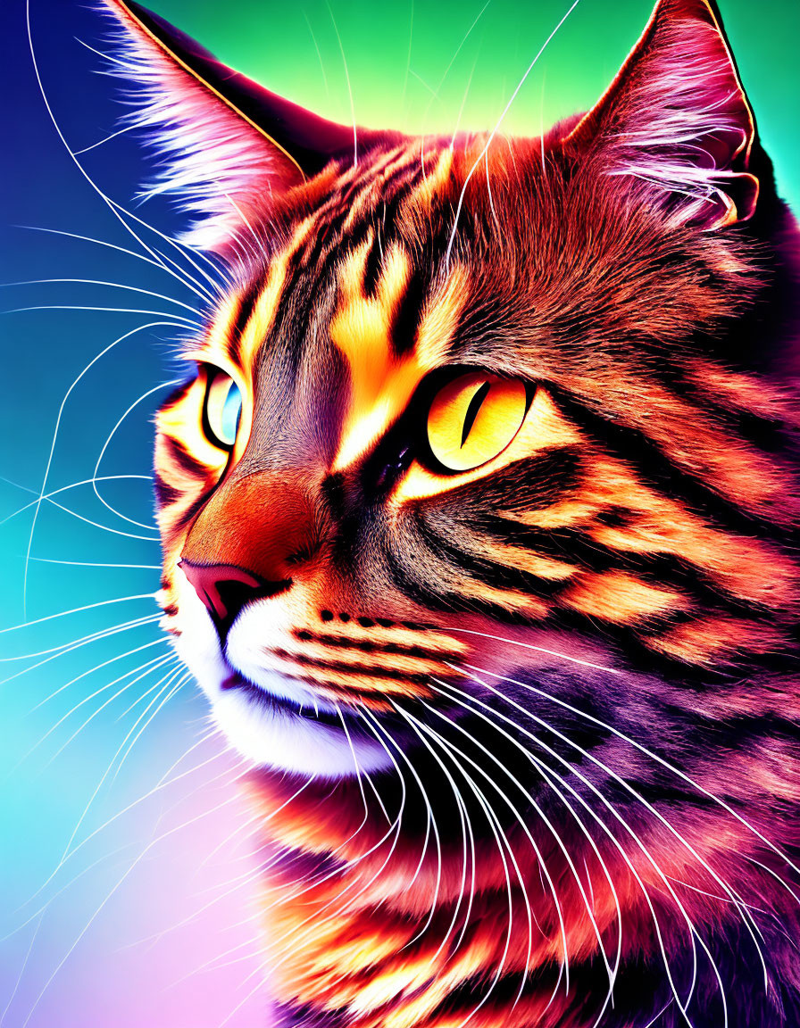 Colorful Digital Art: Cat with Striking Yellow Eyes