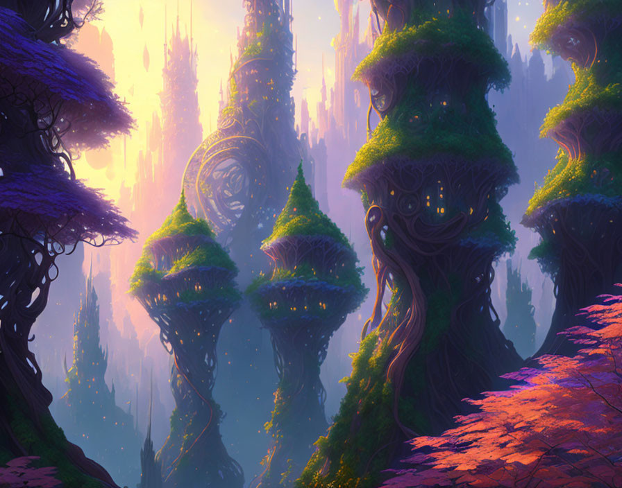 Fantastical landscape with floating islands and towering spires