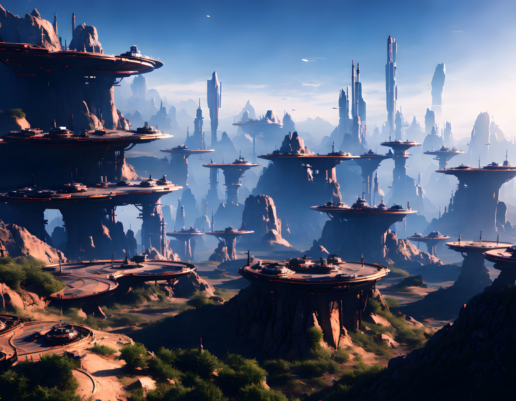 Futuristic city with layered platforms and spires among tall rocky pillars