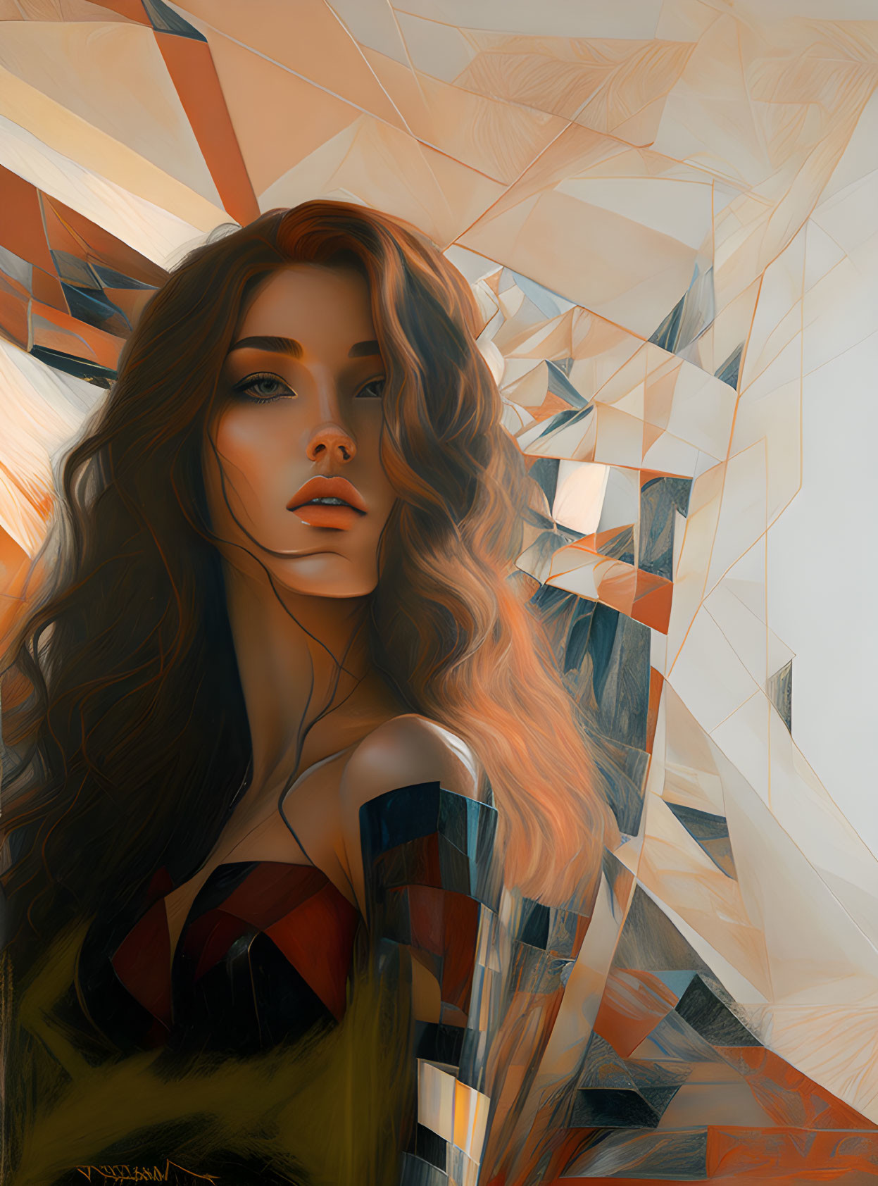 Stylized digital artwork of woman with flowing hair and warm geometric shapes