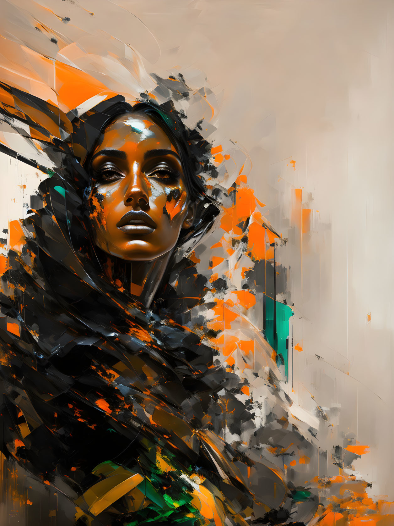 Abstract digital artwork: Woman depicted with dynamic brush strokes in black, orange, and green on beige background