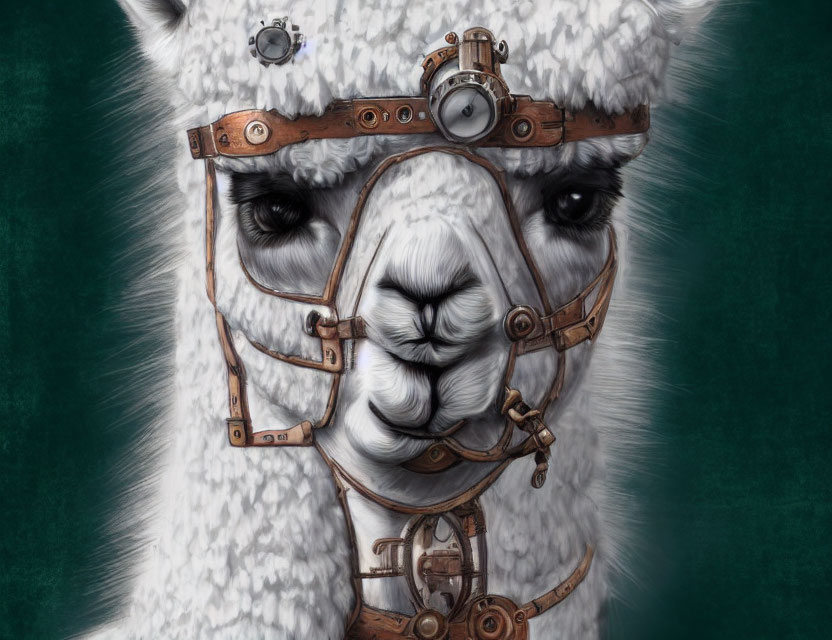 Steampunk-style llama illustration with aviator goggles and gear harness