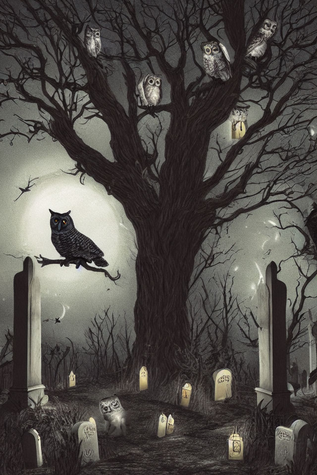 Spooky graveyard night scene with owls, lanterns, and tombstones