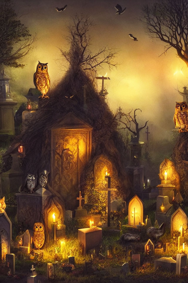 Misty, candlelit cemetery at night with owls and eerie tree