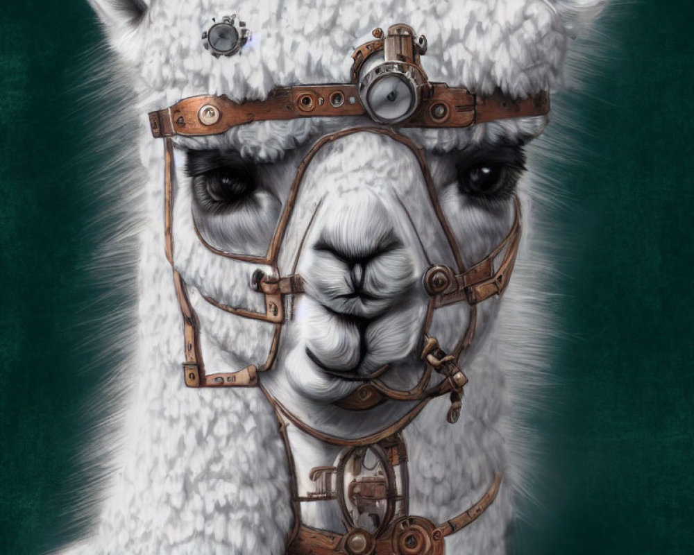 Steampunk-style llama illustration with aviator goggles and gear harness