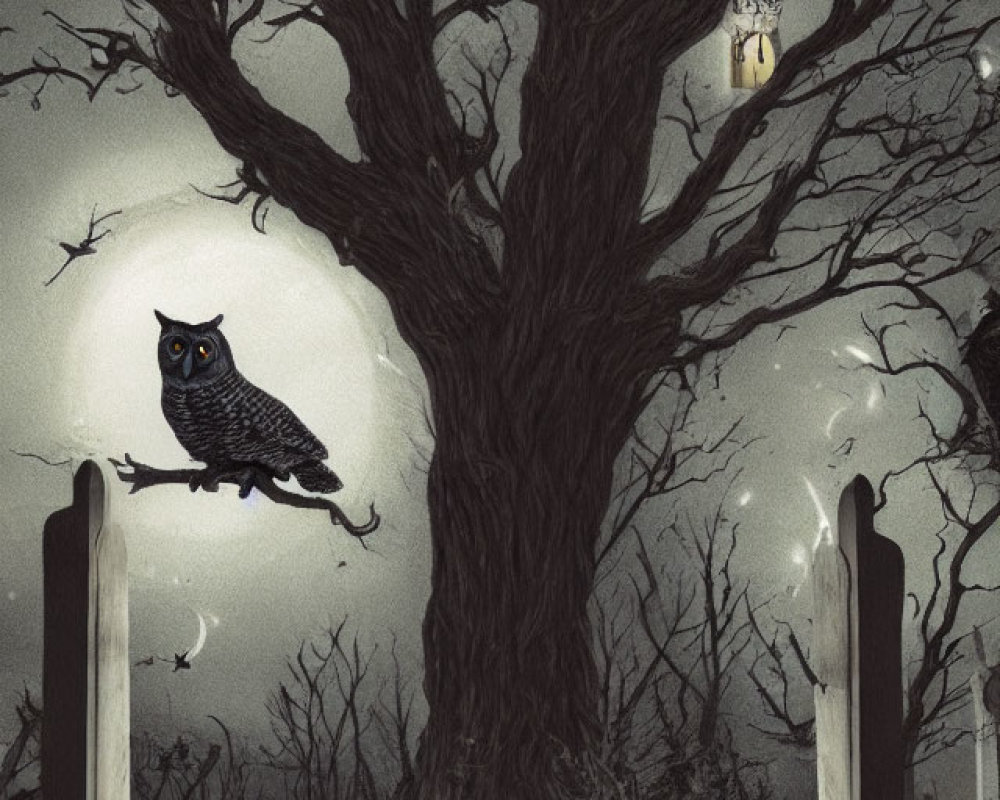 Spooky graveyard night scene with owls, lanterns, and tombstones