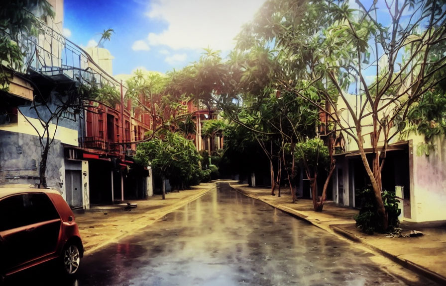 Sunlit Street with Lush Trees and Colorful Buildings