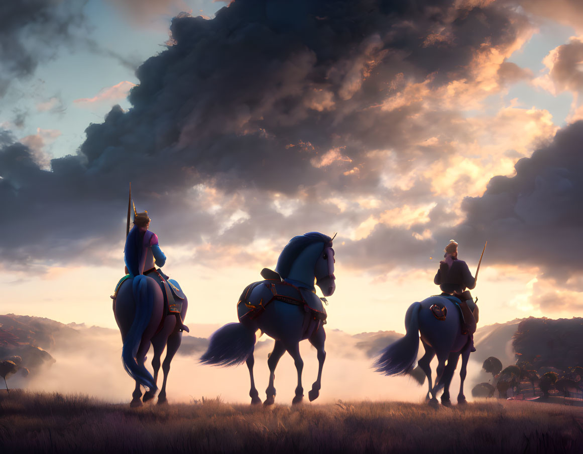 Armored knights on horses under dramatic sunset sky