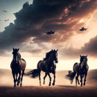 Armored knights on horses under dramatic sunset sky