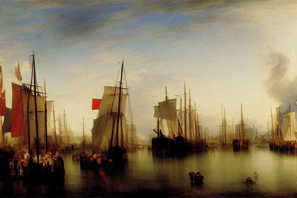 Dutch Golden Age Harbor Scene with Sailing Ships, People, and Sky