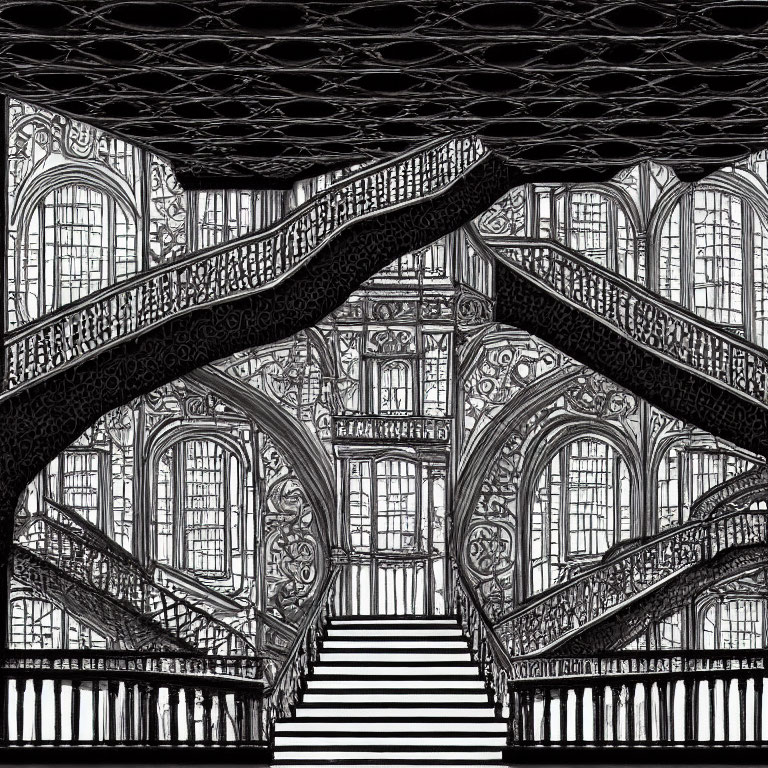 Monochrome ornate symmetrical staircase and intricate window design