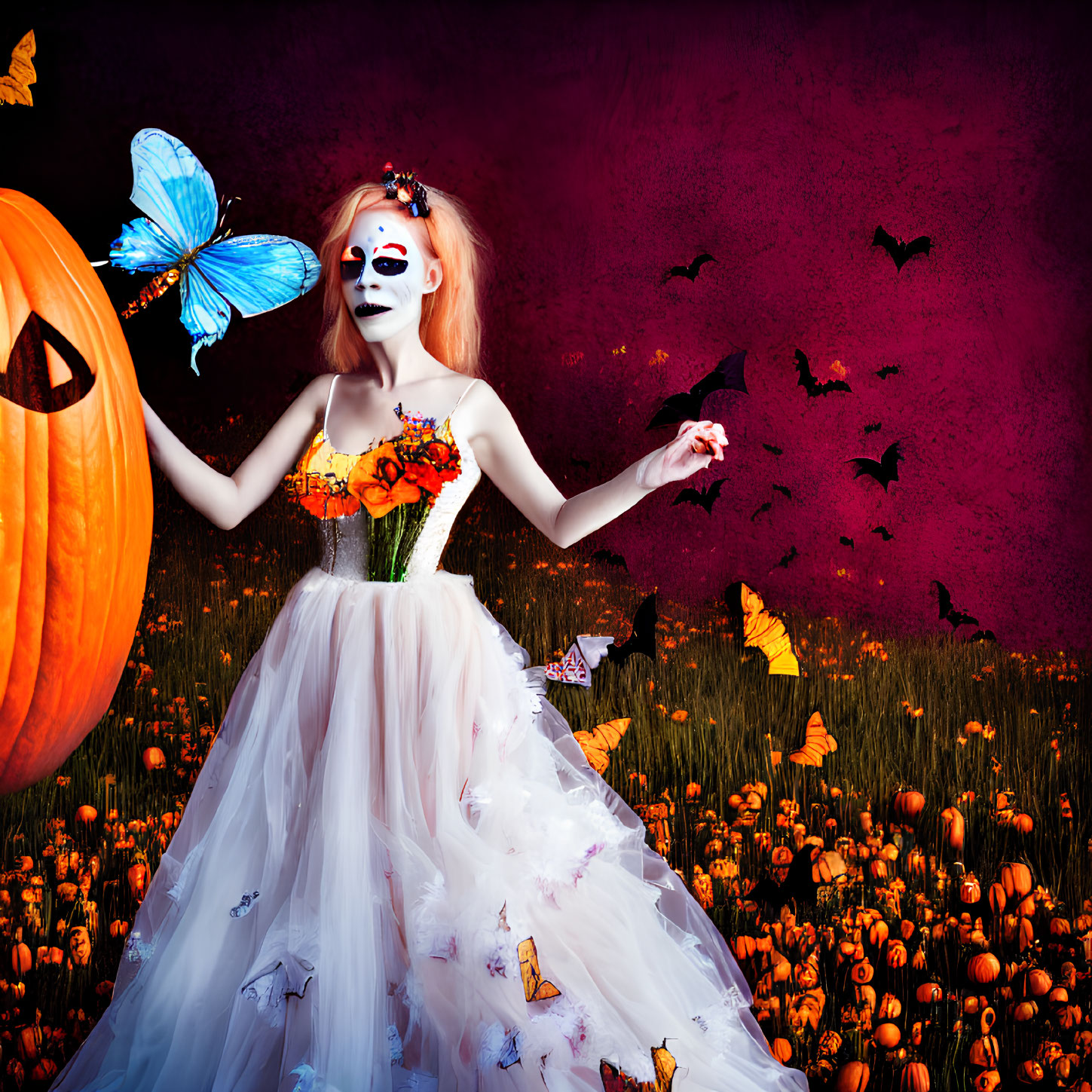 Person in White and Orange Halloween Makeup with Pumpkin, Butterflies, Bats, and Pumpkins on