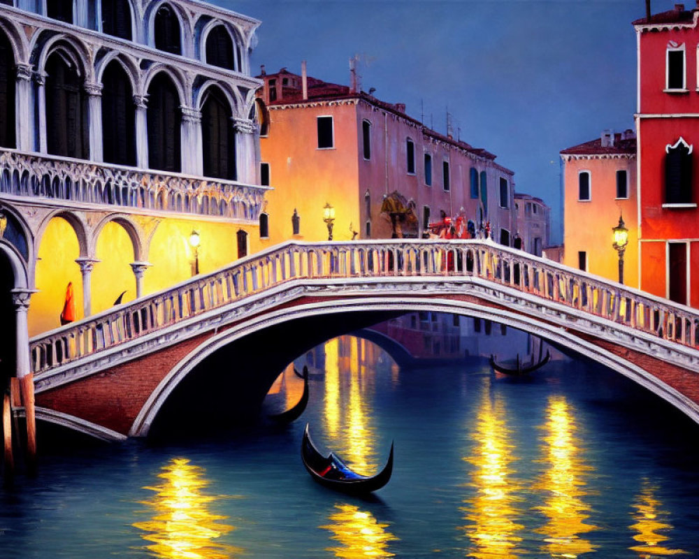 Twilight scene of illuminated bridge over Venice canal