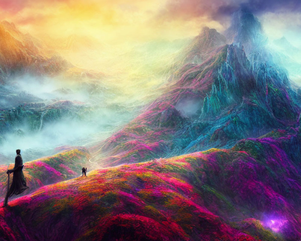 Colorful Hills Landscape with Lone Figure and Birds on Hilltop