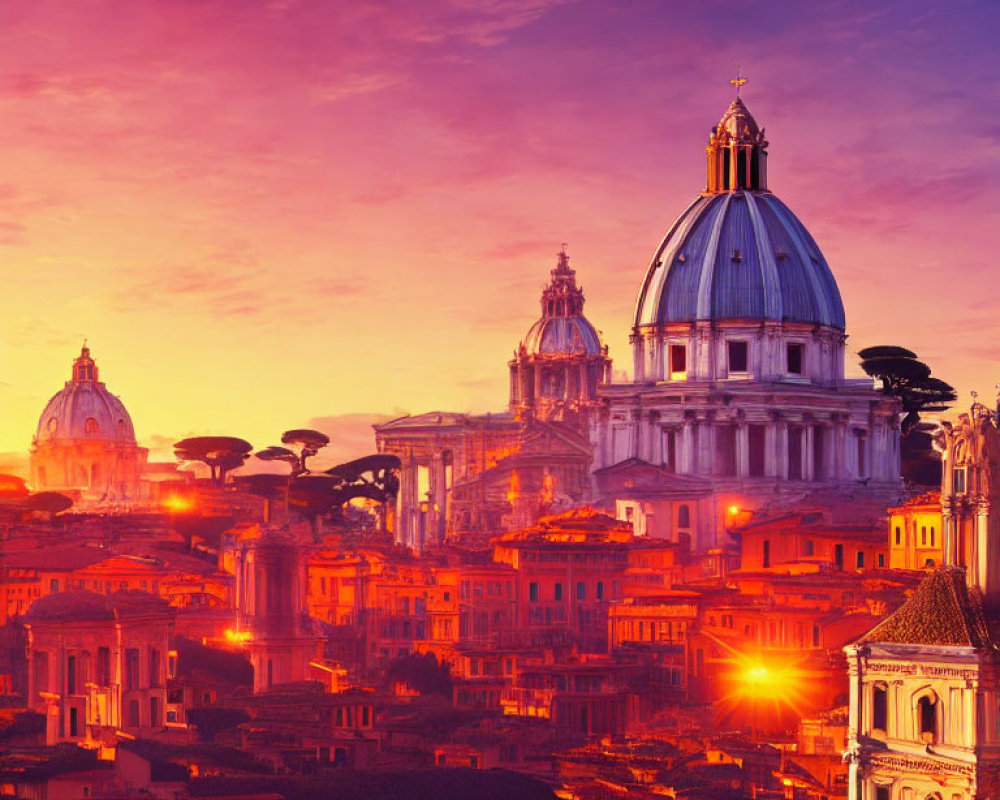 Vibrant Sunset Over Ancient City Skyline with Domed Cathedrals