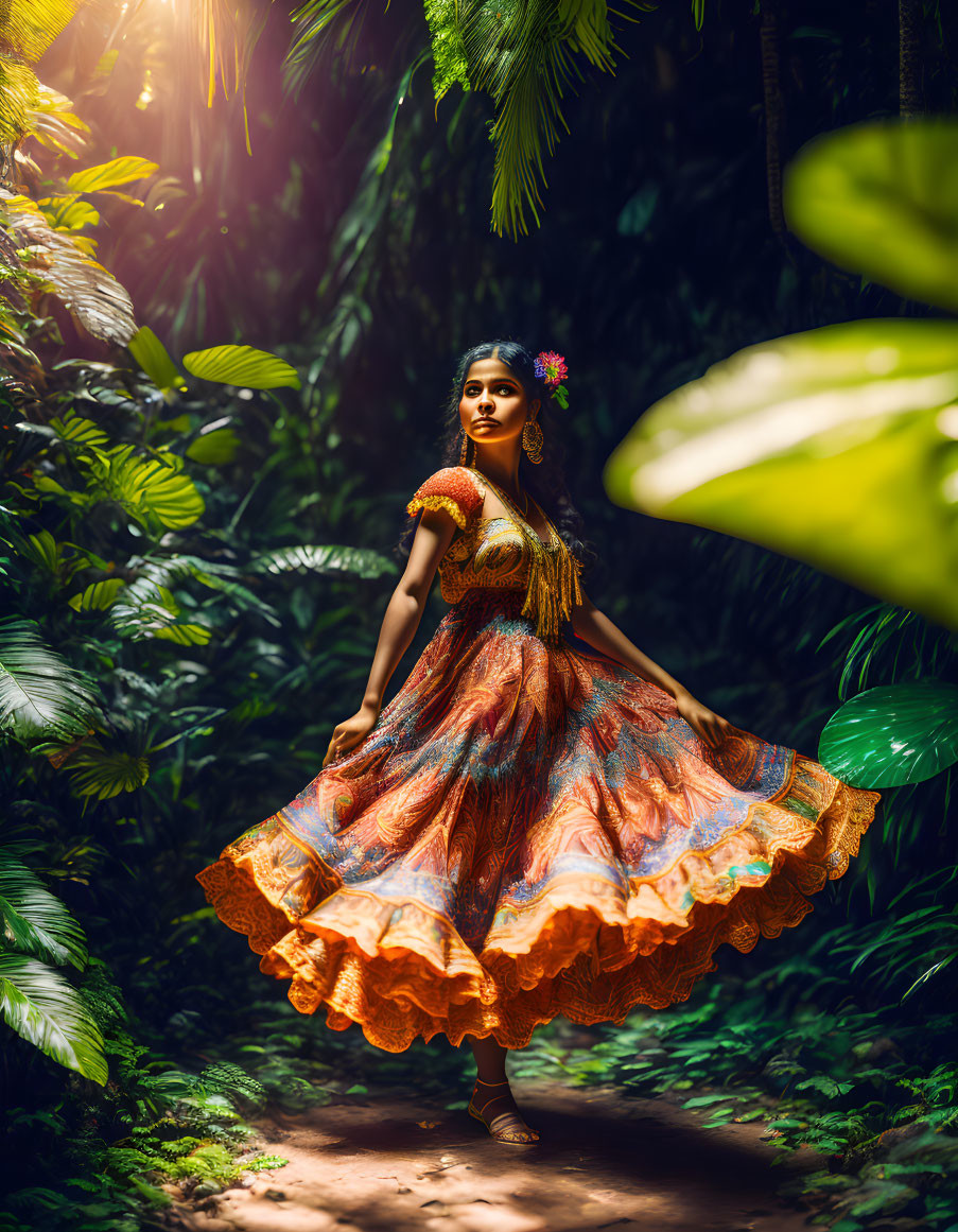 Woman in Colorful Dress Twirling in Lush Jungle