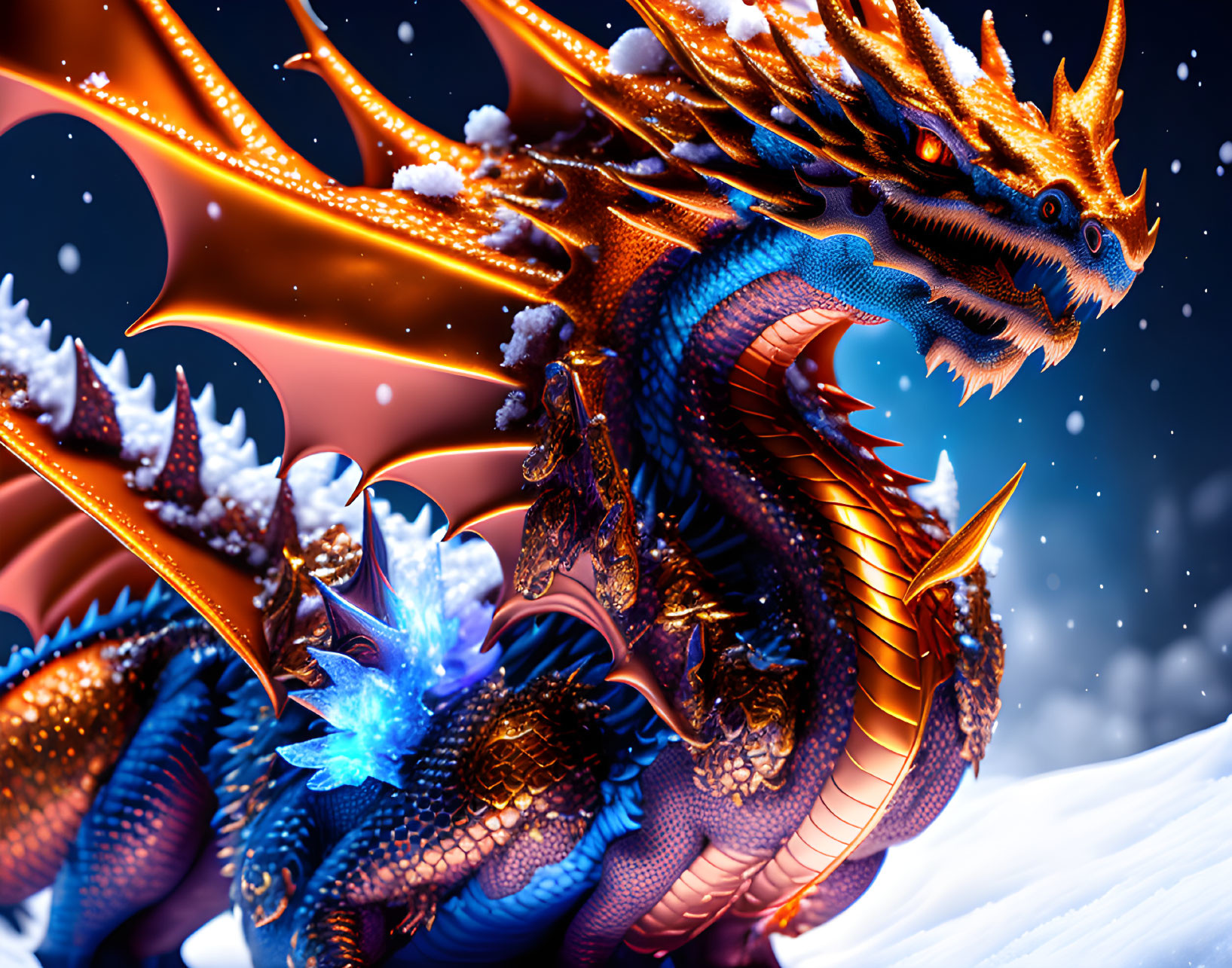 Colorful Dragon with Orange Wings and Blue Scales in Snowy Night Scene