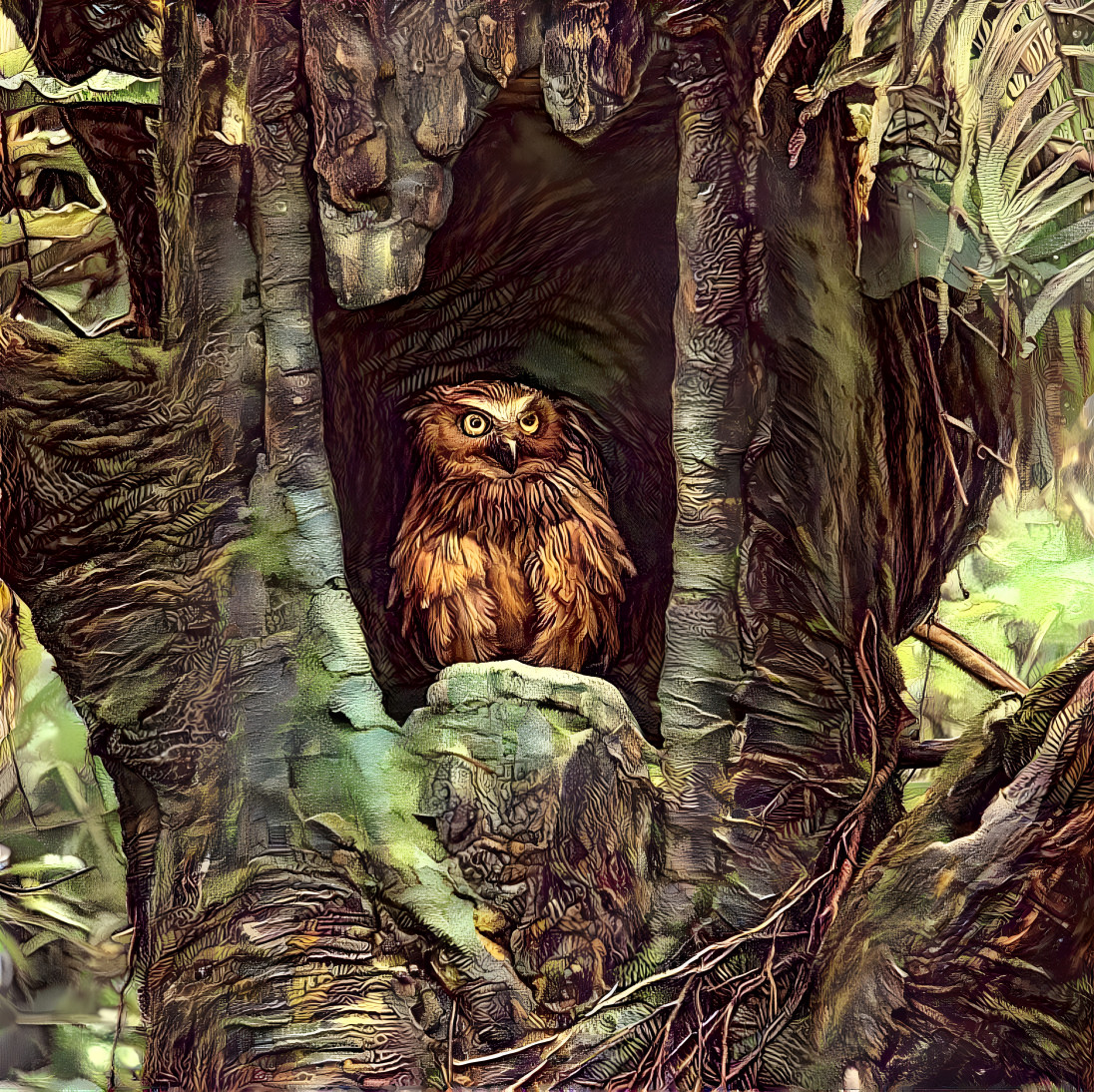 Jungle owl in her mossy roost