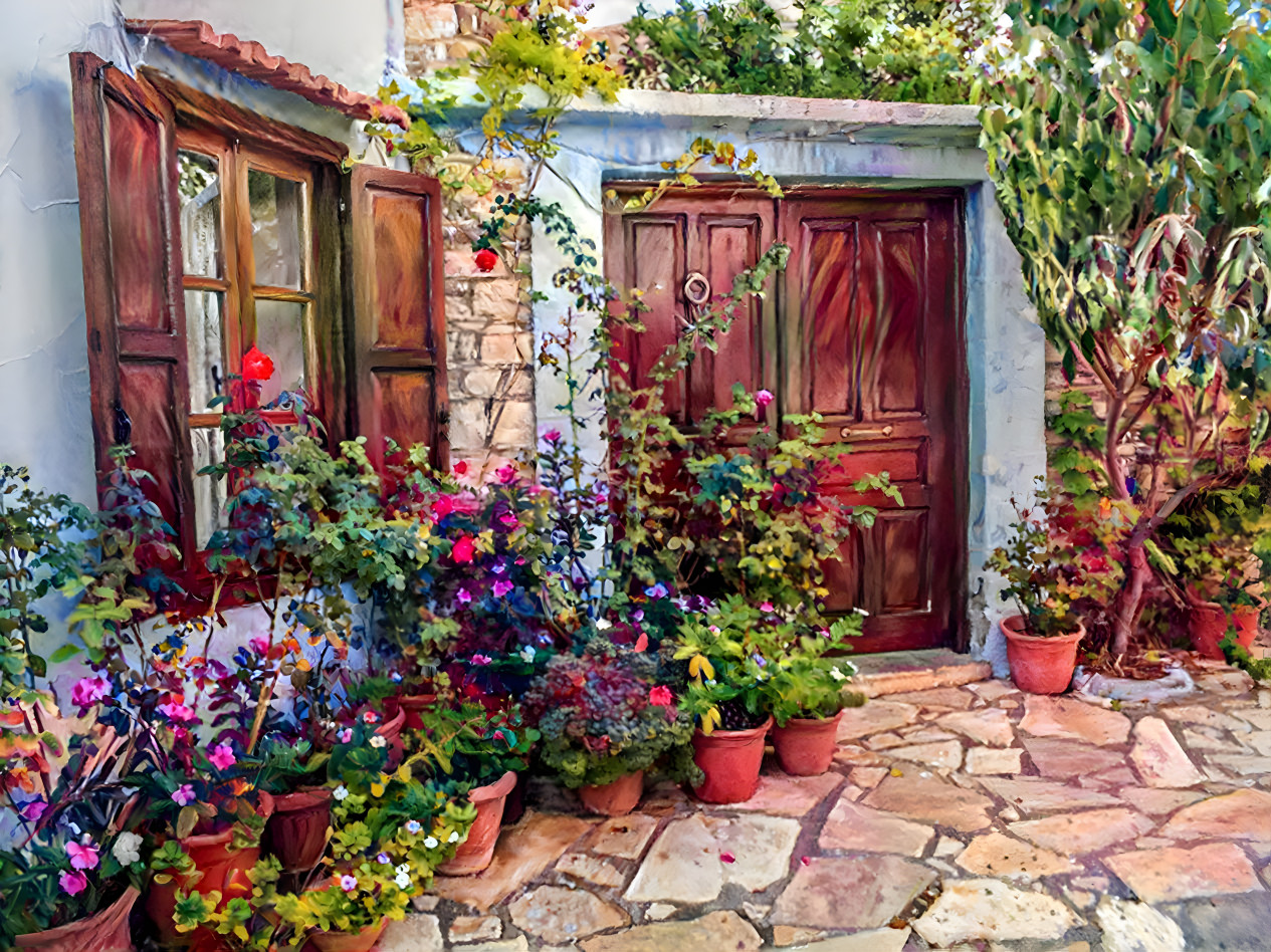 Courtyard garden in a vintage postcard style