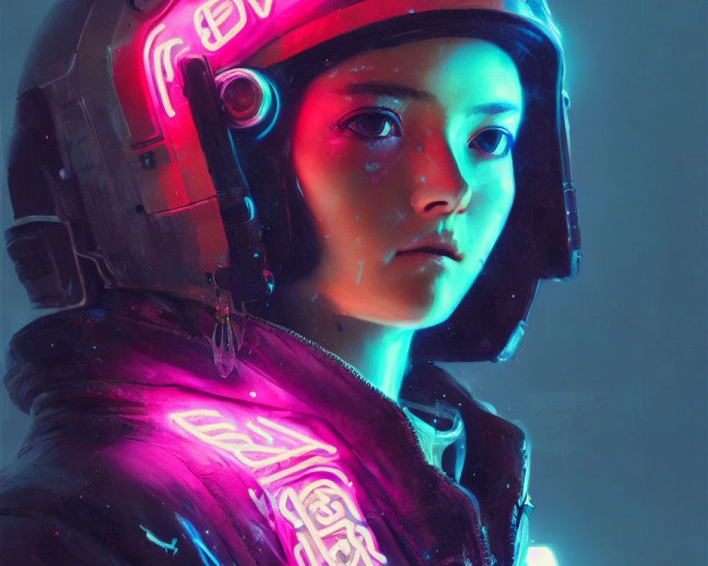 Futuristic woman in neon pink helmet and suit gazes ahead