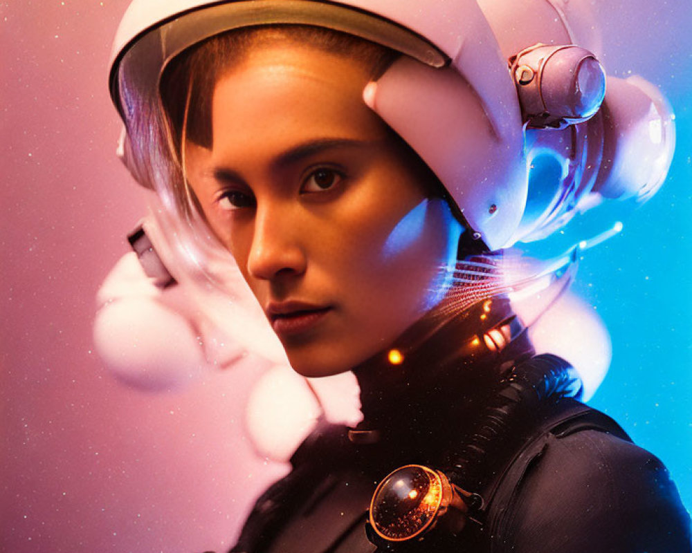 Futuristic astronaut in orange glow and bokeh lighting