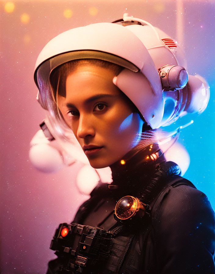 Futuristic astronaut in orange glow and bokeh lighting