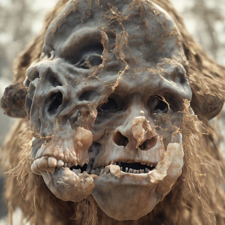 Fantastical creature face with skull-like features and vine-like textures