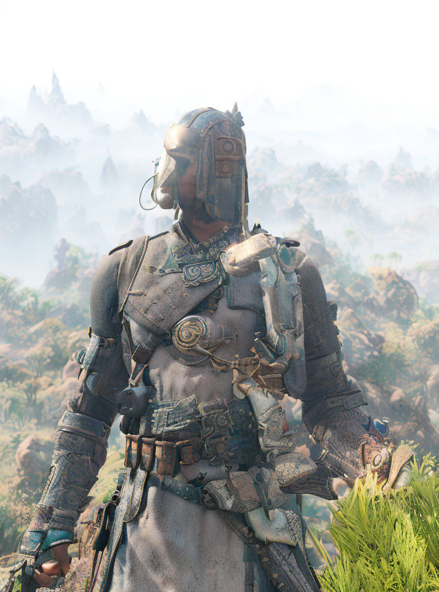 Ornate-armored warrior in verdant landscape with helmet and sword