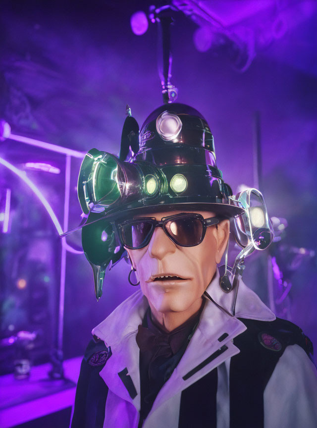 Elaborate Costume with Sci-Fi Hat, Glasses, and White Coat in Purple-lit Setting