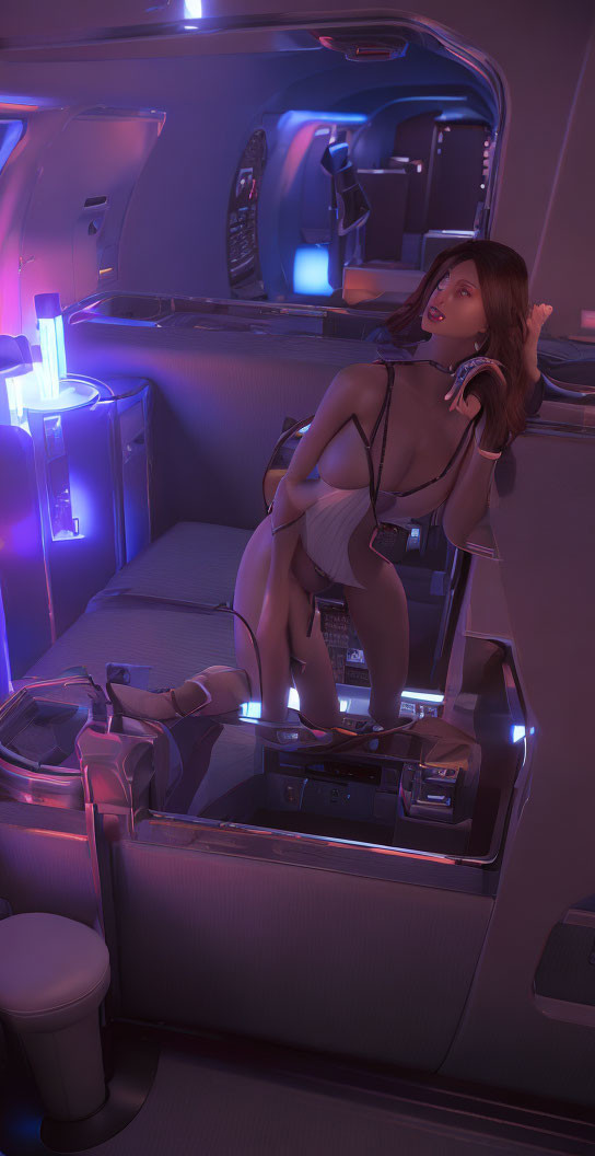 Futuristic female figure in purple neon-lit vehicle interior posing with advanced tech panels