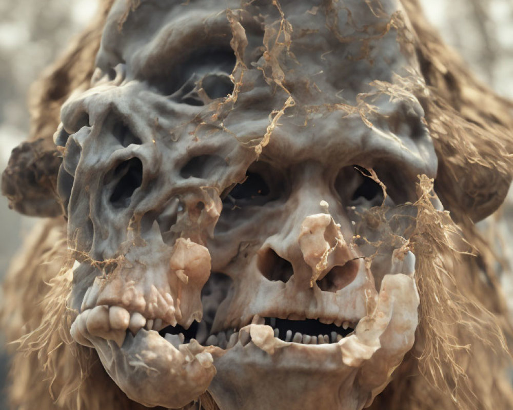 Fantastical creature face with skull-like features and vine-like textures