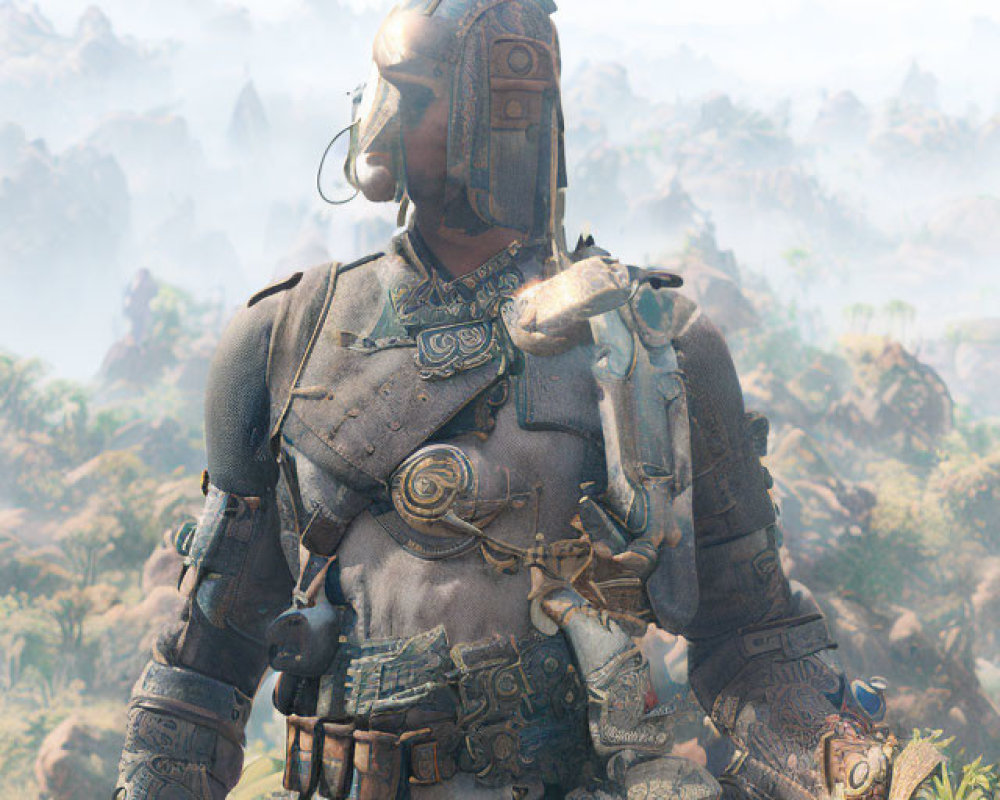 Ornate-armored warrior in verdant landscape with helmet and sword