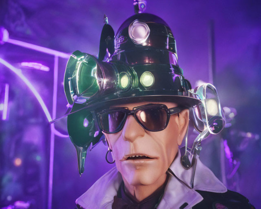 Elaborate Costume with Sci-Fi Hat, Glasses, and White Coat in Purple-lit Setting