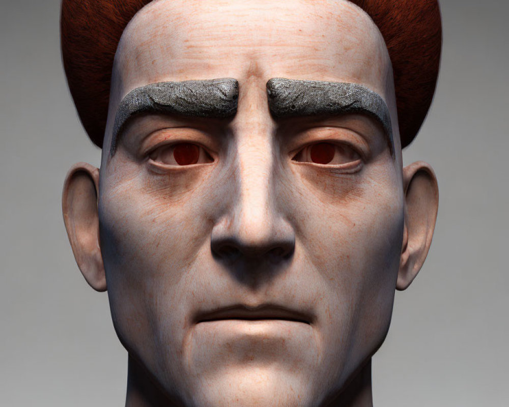 3D-rendered male figure with red hair, thick eyebrows, stern expression