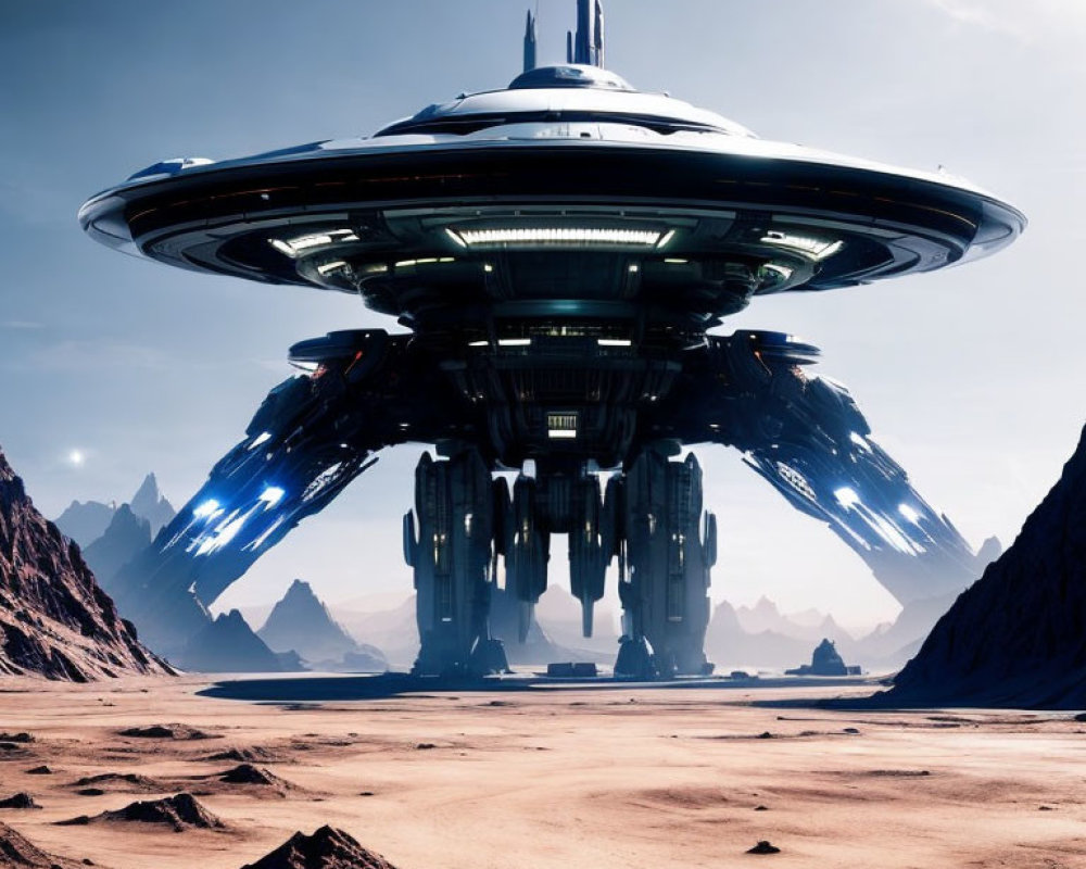 Futuristic saucer spaceship above rocky alien landscape