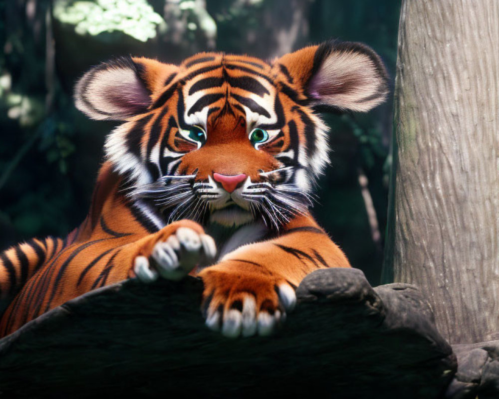 Tiger and Cub Resting in Shaded Forest