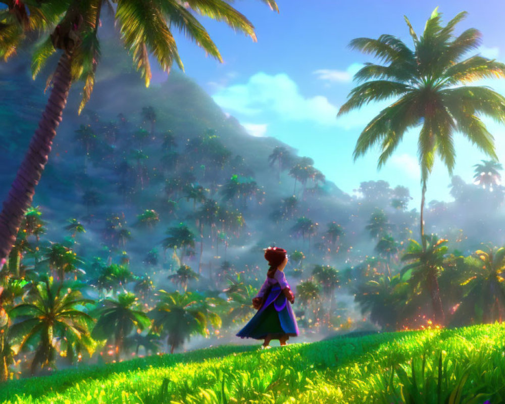 Animated character in lush tropical setting with misty mountain view