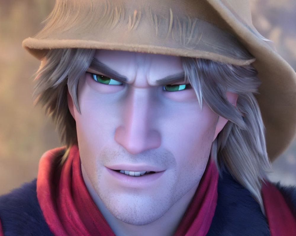 3D animated character with green eyes, hat, red scarf, serious expression