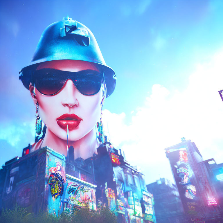 Stylized image of woman in sunglasses and military helmet in neon-lit urban setting