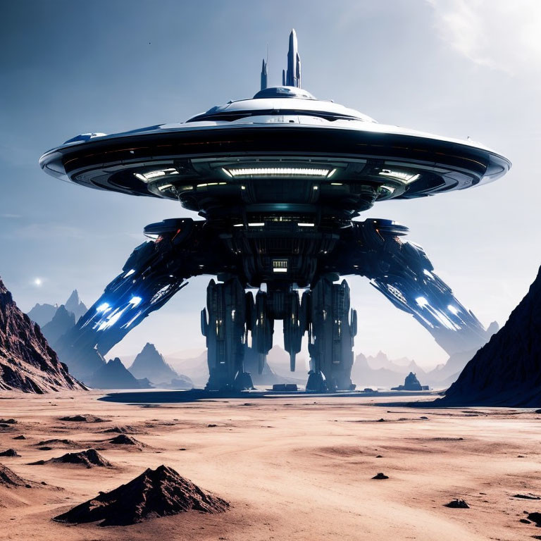 Futuristic saucer spaceship above rocky alien landscape