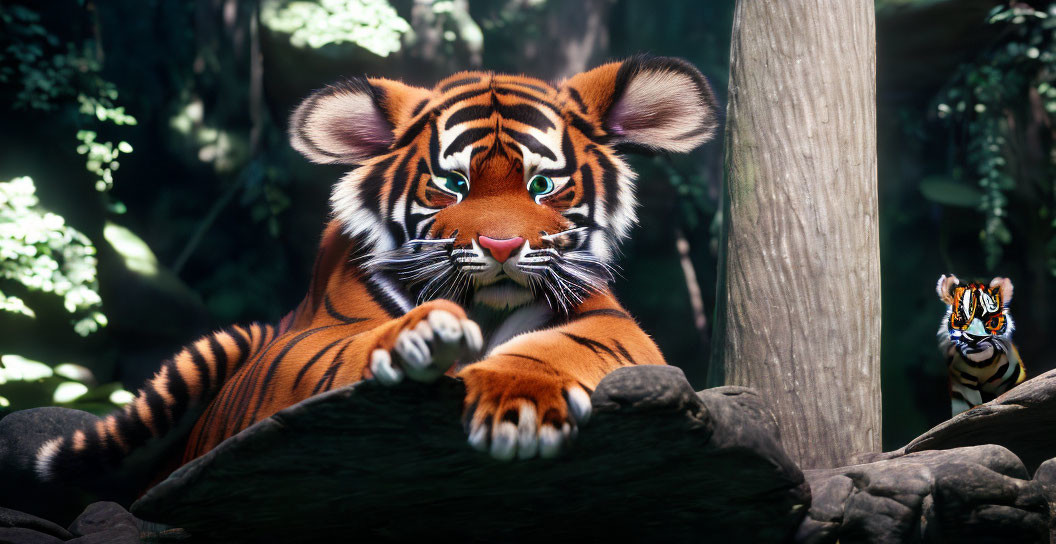 Tiger and Cub Resting in Shaded Forest