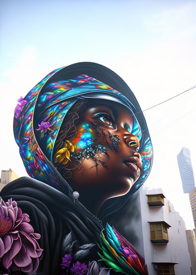 Colorful mural of woman with scarf and floral patterns in cityscape