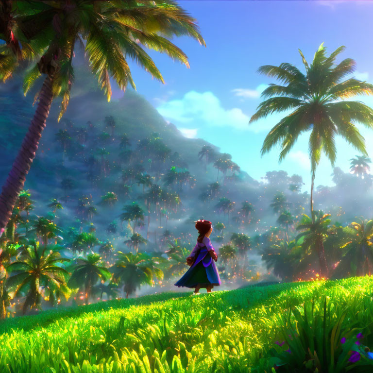 Animated character in lush tropical setting with misty mountain view