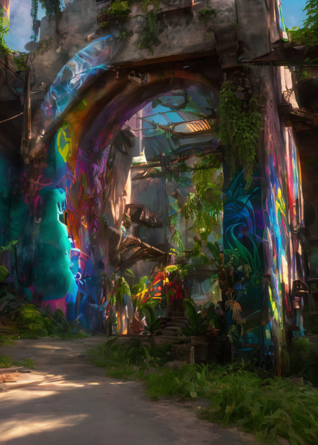 Overgrown archway with vibrant graffiti in sunlight leads to mystical plant-filled area.